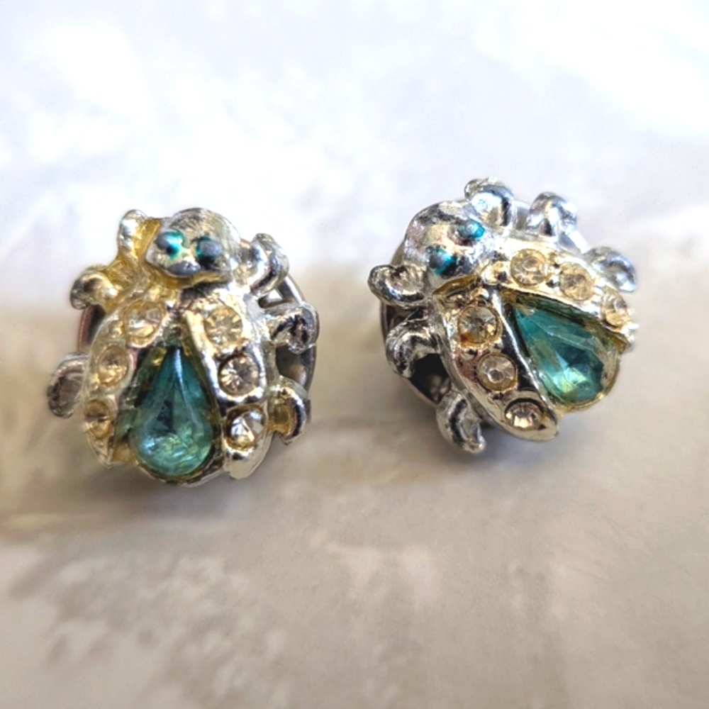 Two Vintage Miniature Beetle Bug Pin Brooch With Rhinestones - Picture 6 of 6